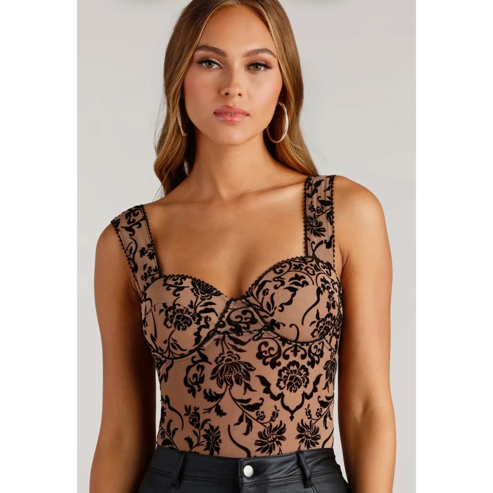 Windsor Bodysuit Womens L Tan Black Velvet Flocked Floral Mesh Bustier